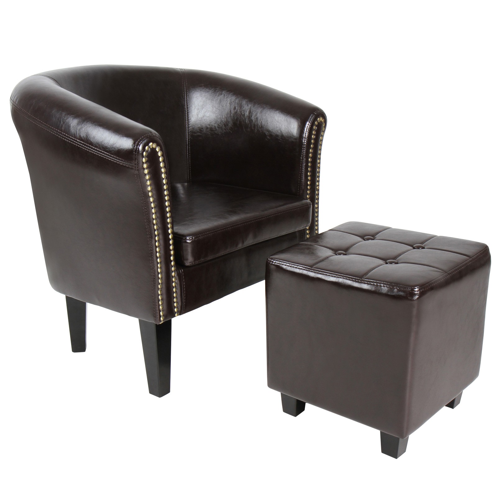 Poltrona con Poggiapiedi Chesterfield - Imbottita, in Similpelle e Legno,  Borchie Decorative in Rame, Marrone - Sedia con Pouf