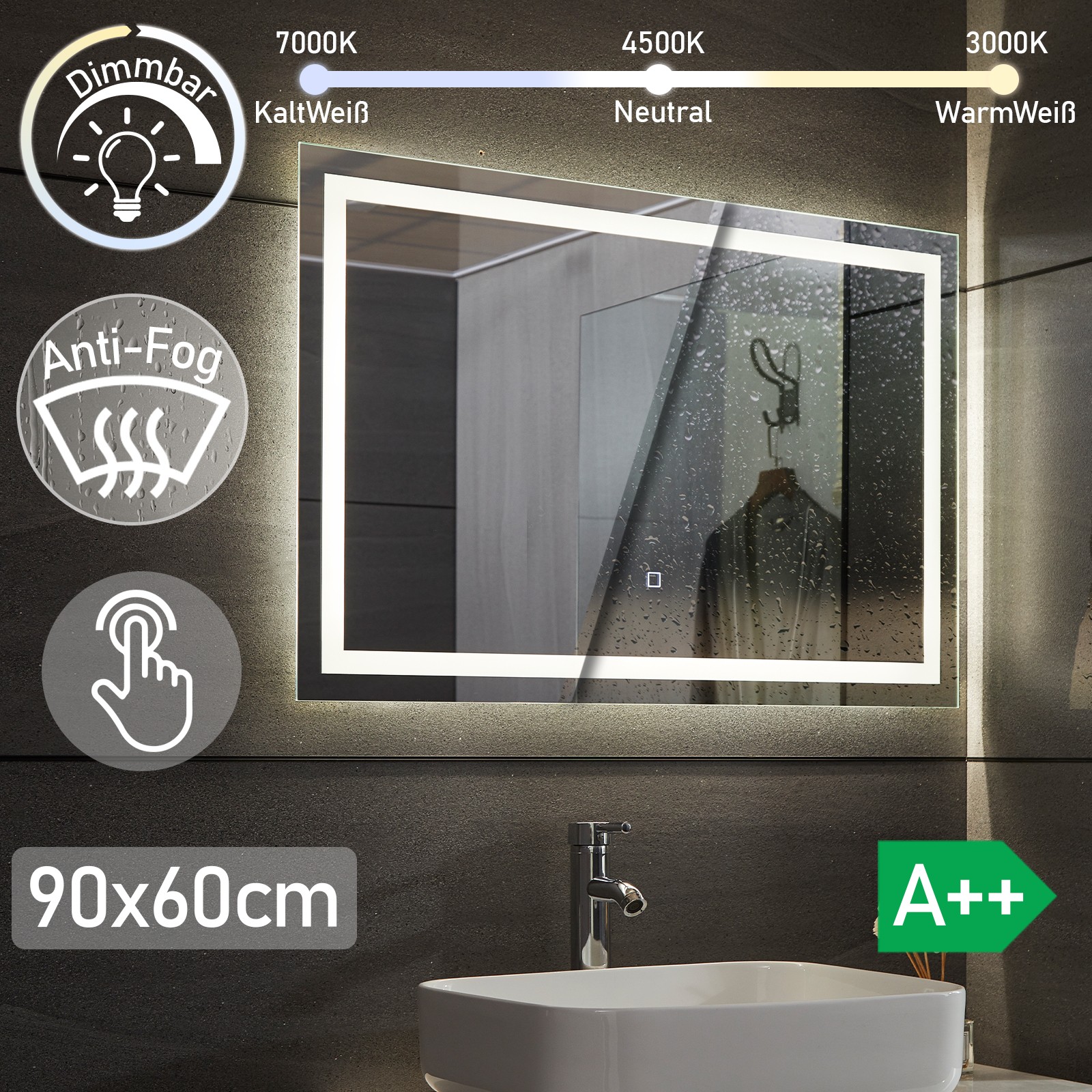 Aquamarin® Specchio Rettangolare LED Controluce Retroilluminato da Bagno  Tattile