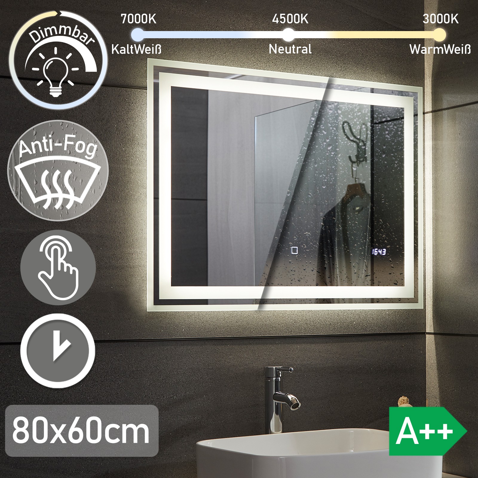 Wandspiegel 50-120 cm LED Badspiegel TOUCH ANTI-BESCHLAG Duschspiegel  Kaltweiß